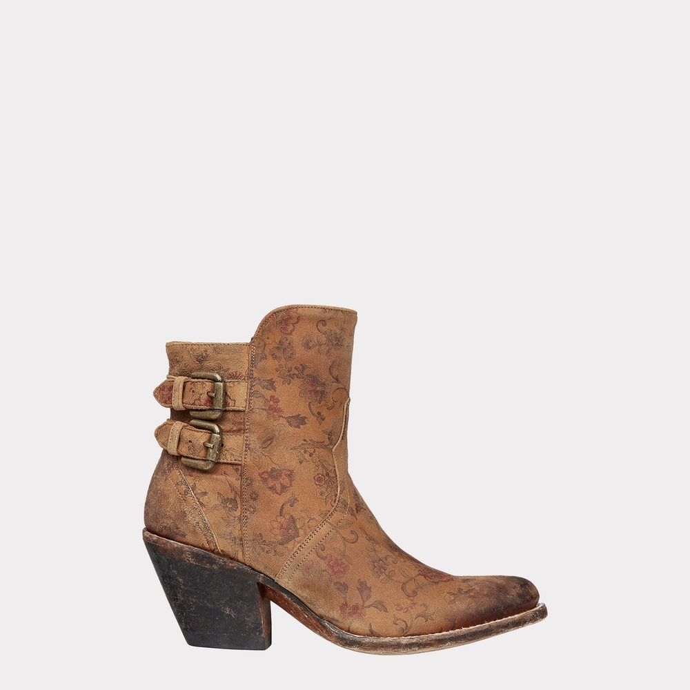 Floral Embroidered Brown Ankle Boots